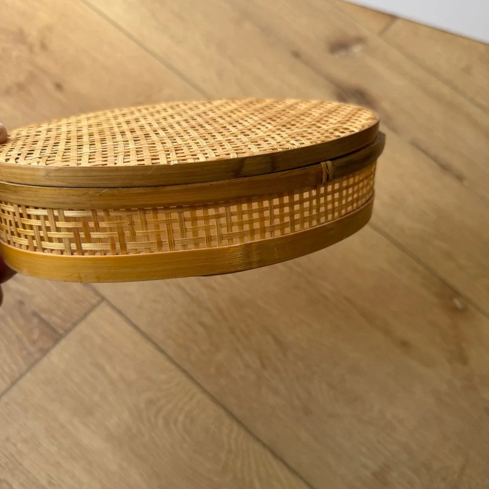 Vintage Woven Bamboo Oval Trinket Box with Lid Natural Wood Boho Storage 7.5in